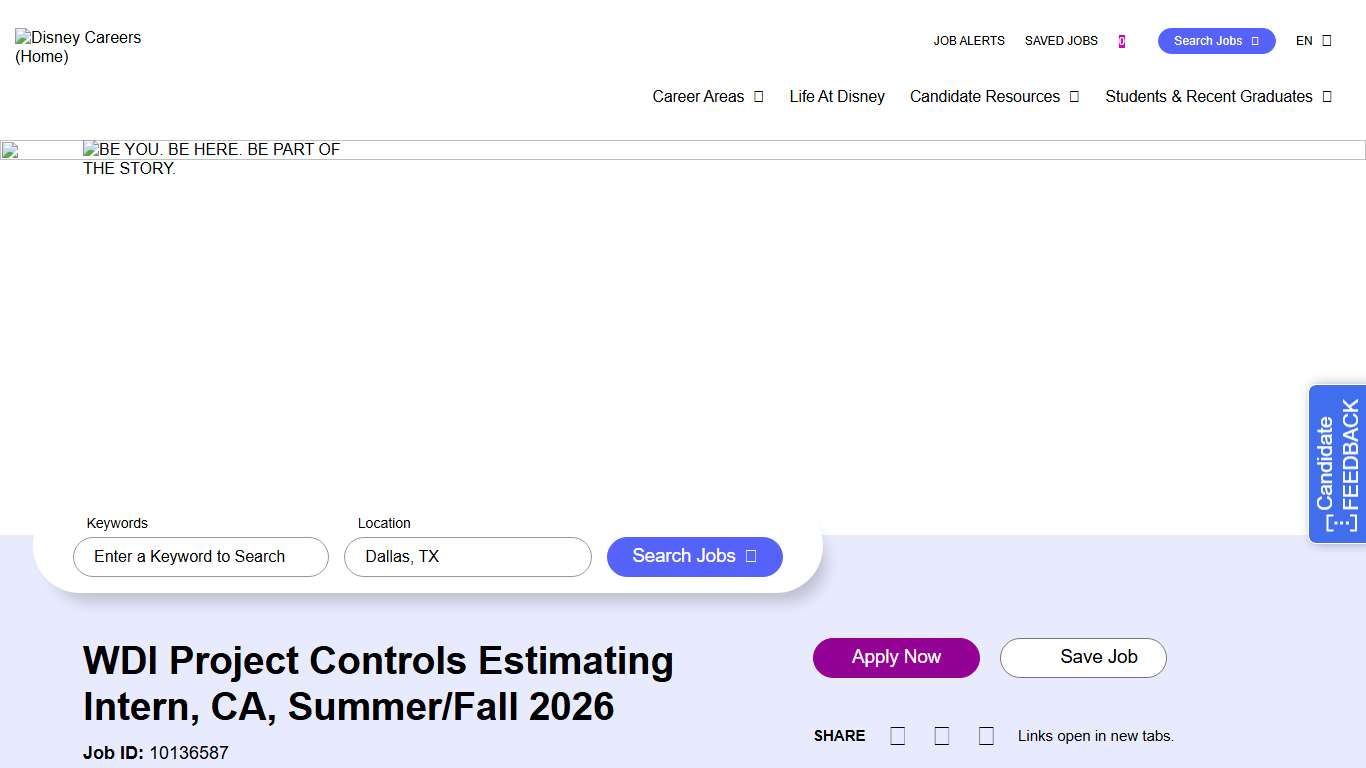 WDI Project Controls Estimating Intern, CA, Summer/Fall 2026 at DISNEY - Disney Careers